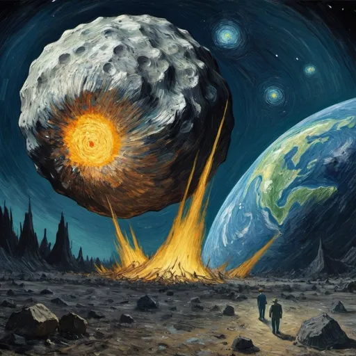 Prompt: Vincent van Gogh  saving the Earth from a giant asteroid