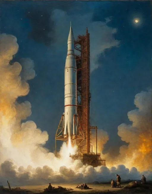 Prompt: an oil painting of a rocket is being launched on a clear night with fire and smoke billowing out of it's back end,
Évariste Vital Luminais, 
academic art, 
moon lighting,
rembrandt lighting, 
a flemish Baroque
