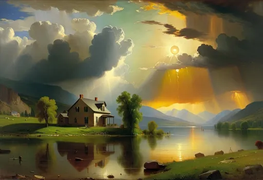 Prompt: painting of  a house  by a lake with mountains in the background and a sun above it, George Inness, american scene painting, stormy weather, a professional painting, UHD 64K
