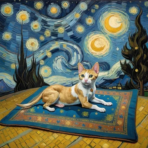 Prompt: A dog,  a cat, and a mouse flying on a "magic carpet" in "The Starry Night" by Vincent van Gogh