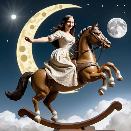 Prompt: Mona Lisa riding a rocking horse that is jumping over the Moon.