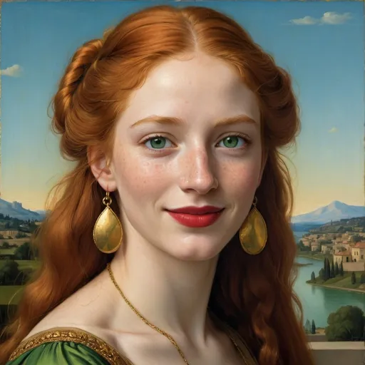Prompt: a painting of Helen of Troy cover with dark freckle green eyes  long ginger hair red lipstick  on a smile on her face, "gold earrings" with a green background and a blue sky, Fra Bartolomeo, academic art, renaissance oil painting, a painting in the style of  Mona Lisa