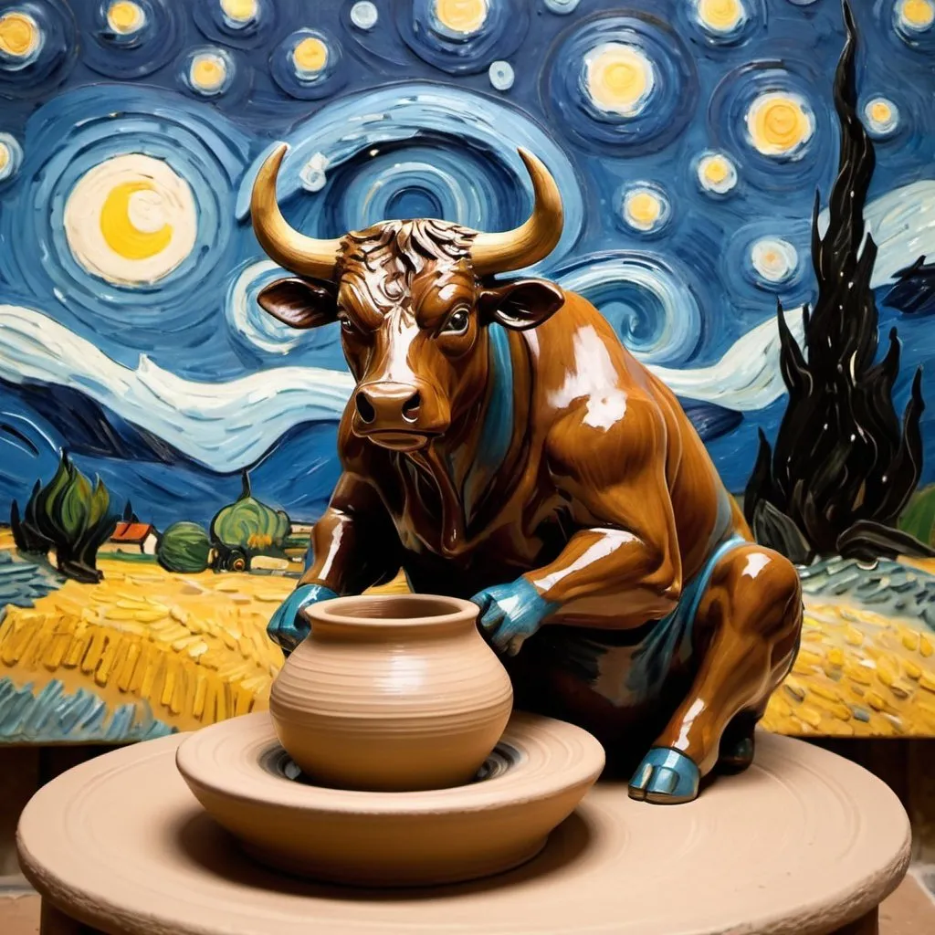 Prompt: a  bull  making pottery on pottery wheel in the style of "The Starry Night" by Vincent van Gogh