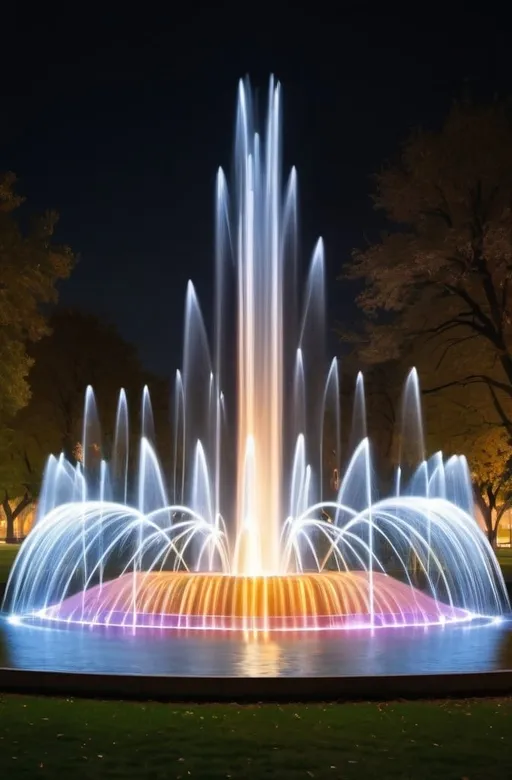 Prompt: a large fountain of water with lights on it's sides at night time in a park area.   kinetic art, volumetric lights, an abstract sculpture