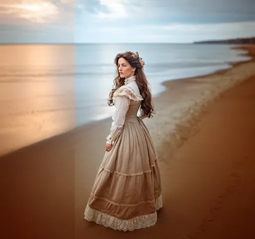 Prompt: image of Victorian era beautiful woman,  is looking  at the sea,  with long brown hair, standing on the sand at the beach, 