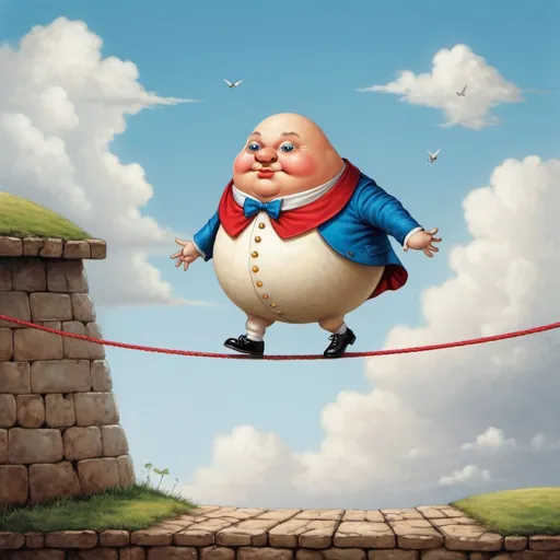 Prompt: Humpty Dumpty walking on tightrope