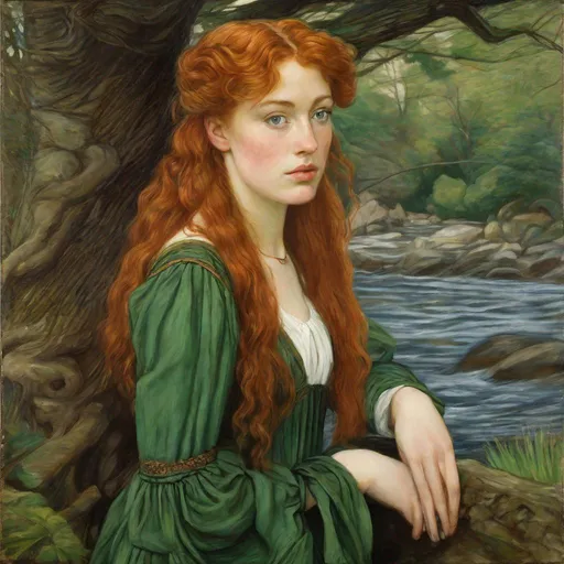 Prompt: a painting of a woman with red hair and a green dress and a white shirt and a tree and a river, Anne Said, pre-raphaelitism, pre - raphaelite, an ultrafine detailed painting

Anne Shirley at age of 21, by L. M. Montgomery