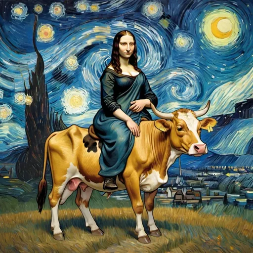 Prompt: Mona Lisa riding a cow in  "The Starry Night" by Vincent van Gogh
