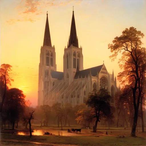 Prompt: <mymodel>outside view of spectacular grand gothic cathedral at sunrise, 
wide angle view, 
full depth of field, 
beautiful, 
high resolution, 
realistic, 
detailed stained glass,
serene atmosphere, 
golden hour lighting, 
majestic rose window,
majestic steeple, 
natural beauty,
architecture painting, 
professional quality, 
beautiful sunrise,
majestic  masonry, 
realistic, 
detailed stained glass,
serene atmosphere, 
wide angle view, 
full depth of field, 
beautiful, high resolution, 
golden hour lighting, 
majestic spires, 
natural beauty