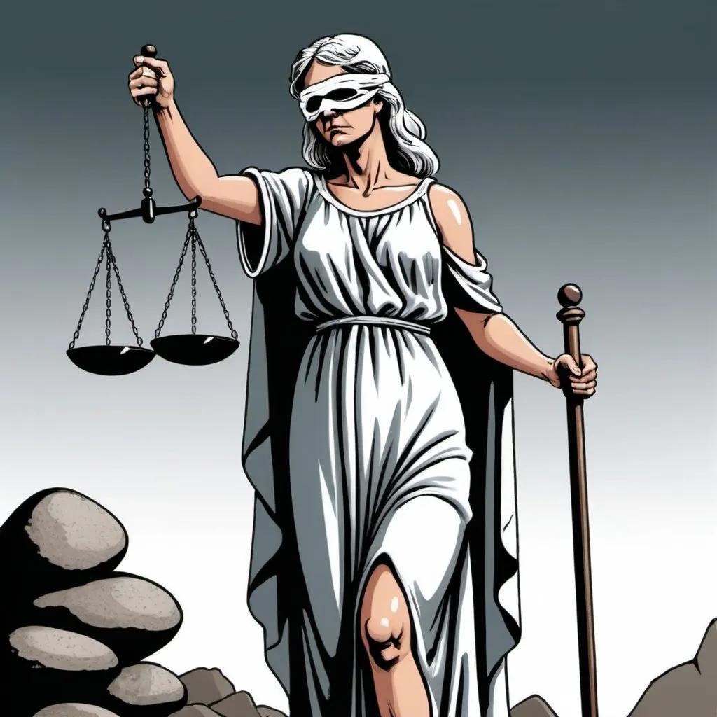 Prompt: A political cartoon illustrating unfairness schedule a defendant lawsuits Lady Justice, with a blindfold, covers her eyes in a full robe she is holding  a scale made  out of balance by rocks on one side.


