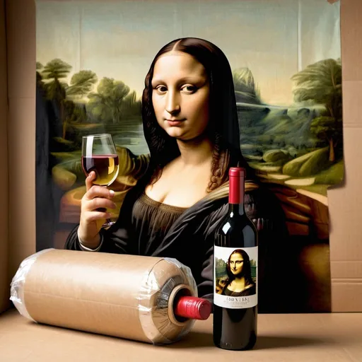 Prompt: Mona Lisa drinking straight from a "wine bottle that is wrap in a brown paper."   