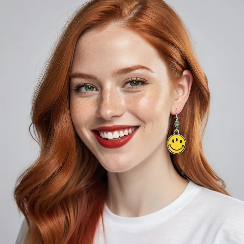 Prompt: photorealistic portrait of a [(27 year-old woman), (cover with dark freckle), (green eyes), (long ginger hair), (red lipstick), (a smile on her face), (earrings with a SMILEY face on it's earring  t-shirt), photo