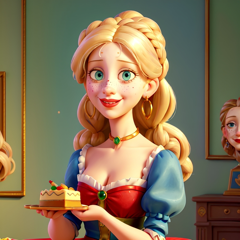 Prompt: a half-length portrait painting  of Marie Antoinette cover with dark freckle blue eyes  long blonde hair red lipstick  on a smile on her face, "gold earrings"  renaissance dress eating cake with a green background and a blue sky, Fra Bartolomeo, academic art, renaissance oil painting, a painting in the style of  Mona Lisa
