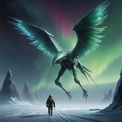 Prompt:  Create a UHD, 64K professional oil painting,As the Aurora crept forward, the crew's spirits began to wane. The cold and isolation took their toll, and hope seemed as distant as the stars. Then, one day, something extraordinary happened.

A strange creature appeared from the fog-like mist that clung to the ice belt. It was unlike anything the crew had ever seen—a majestic, bird-like alien with wings that shimmered with iridescent colors. It glided gracefully through the void, moving effortlessly among the ice asteroids.