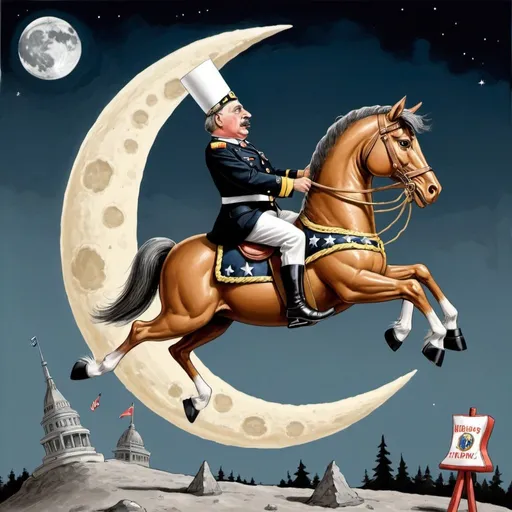 Prompt: A "political cartoon" of a "military dictator"  wearing an uniform and a "dunce-hat" riding a "rocking horse" that is jumping "over the Moon. " 