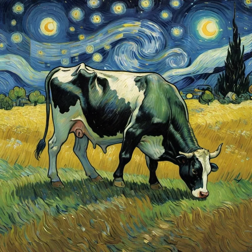 Prompt: Vincent van Gogh cow tipping in "The Starry Night" by Vincent van Gogh
