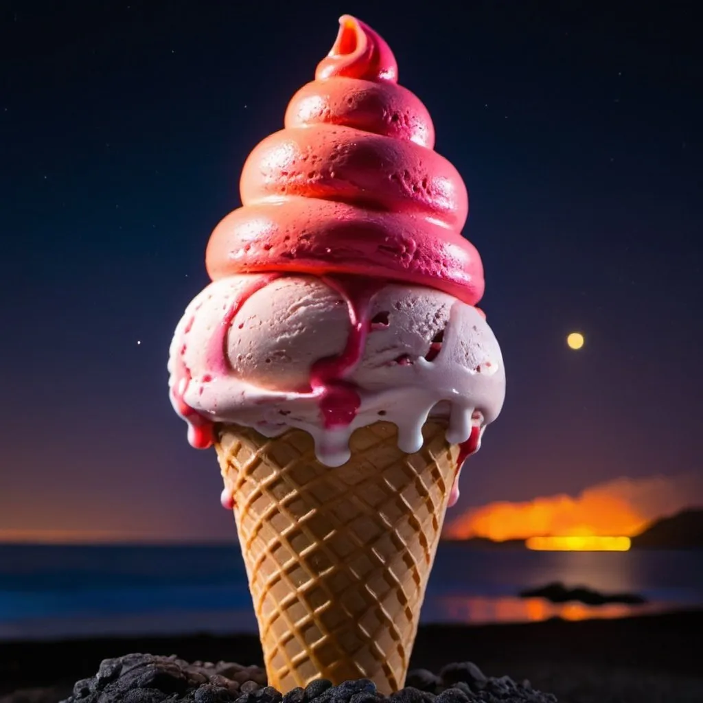 Prompt: a lava ice cream cone at night 