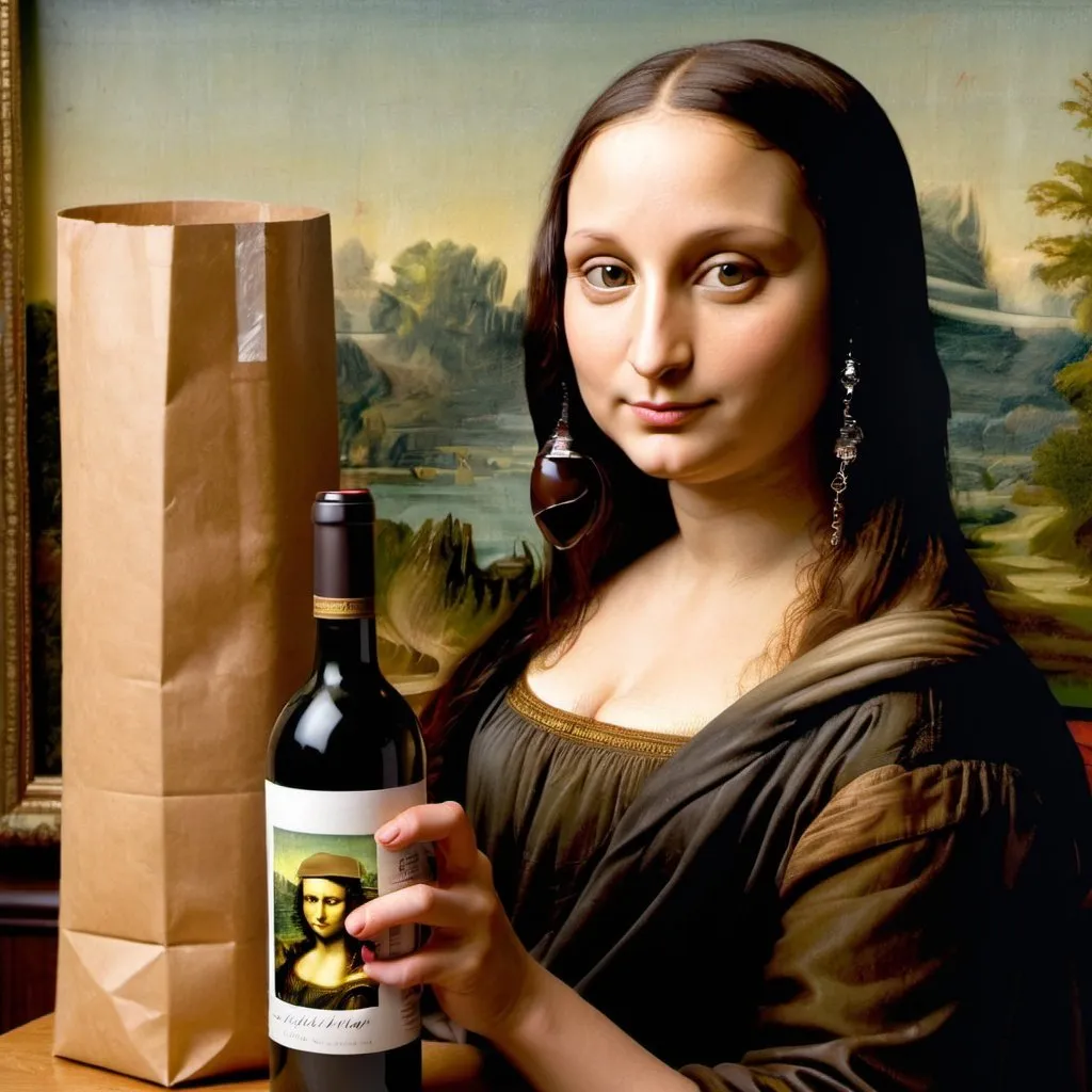 Prompt: Mona Lisa drinking straight from a "wine bottle that is wrap in a brown paper."   