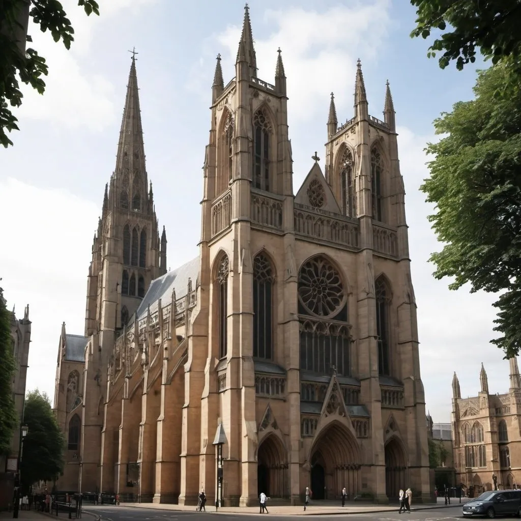 Prompt: "The cathedral, with its tall spires and grand rose window, was a masterpiece of Gothic architecture, standing proudly in the heart of the city."

Anthony Trollope, Barchester Towers (1857)