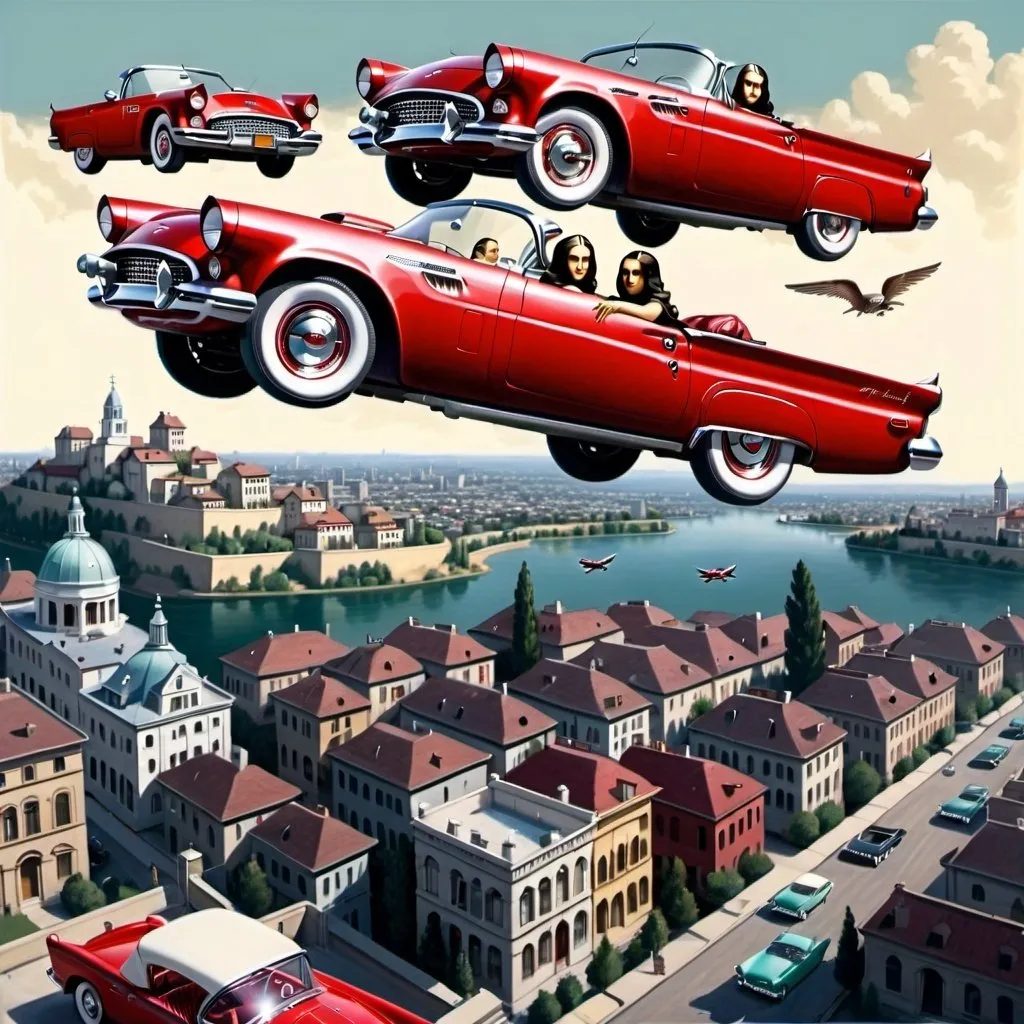 Prompt: (Mona Lisa)  in a flying red ford 1957 thunderbird flying over a city,  photo
