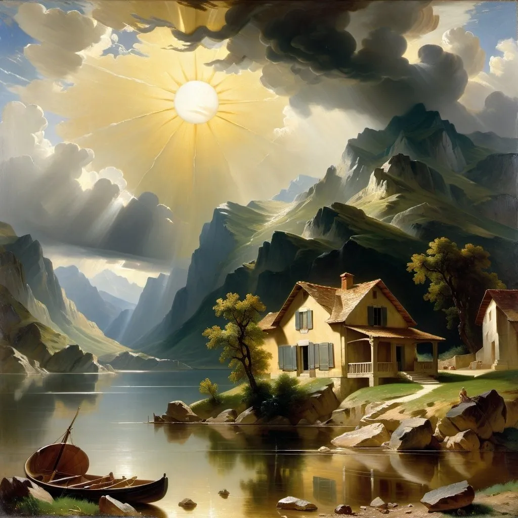 Prompt: painting of  a house  by a lake with mountains in the background and a sun above it, Jean-Baptiste Carpeaux, american scene painting, stormy weather, a professional  fine art painting,UHD 64K