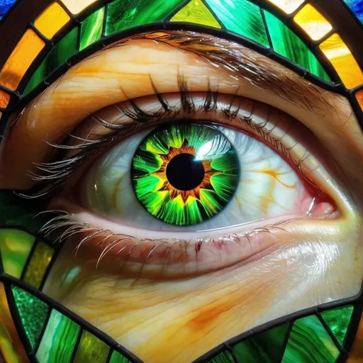 Prompt: Stained Glass Portrait of a close-up of the eye of a green eye human. 