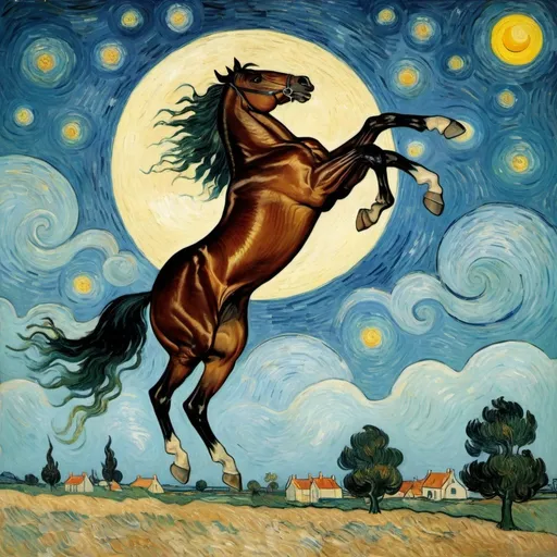 Prompt: Vincent van Gogh  a horse that is jumping over the Moon.