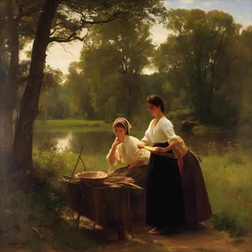 Prompt: <mymodel>Create a professional oil painting in the styles of Carl Heinrich Bloch, the American Barbizon School, William-Adolphe Bouguereau, and Flemish Baroque art. Depict a young woman in a serene, rustic setting, engaged in a domestic task, wearing a traditional 19th-century dress.

Subject: A young woman in a rural setting, arranging a bowl of oranges and apples on a wooden table covered with a white cloth.

Dress Description:

Overlay: Black dress with a fitted bodice.
Undershirt: White, with large, puffed sleeves gathered at the wrists, visible at the neckline and cuffs.
Skirt: Part of the black dress, long and full.
Details: Green accent fabric visible under the black sleeves. White headscarf tied loosely, covering her hair.
Composition: Position the woman centrally, leaning over the table, hands gently touching the fruit. Her expression should be serene and focused.

Background: Rustic interior with an arched doorway opening to a lush green landscape, including rolling hills, distant trees, and a bright blue sky with soft white clouds.

Lighting: Use chiaroscuro with light coming from the right, illuminating her face and hands, casting soft shadows on the table and fruit. The background should have gentle, natural light contrasting with the darker interior.

Detail and Realism: Emphasize textures and details of the dress, fruit, and setting. Ensure the fabric looks realistic with visible folds. The fruit should appear fresh and vibrant.

Color Palette: Rich, deep tones. The black dress contrasts with the white undershirt and headscarf. The fruit should be vibrant oranges and apples. The background should have earthy tones and lush greens.

Atmosphere: Calm and reflective, capturing a timeless moment of simplicity and beauty in rural life.

This rephrased prompt should help the AI tool to clearly understand the specifics of the dress and scene, ensuring accurate representation.