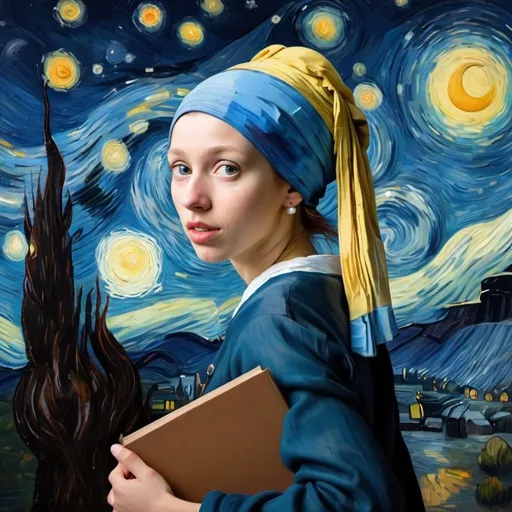 Prompt: Imagine 'The Girl with the Pearl Earring' in a rush, running late for a college class, set against the backdrop of Vincent van Gogh's 'The Starry Night.' Depict her hurrying through the swirling night sky, clutching her books and bag, with a mix of determination and fluster. Capture the contrast between the serene beauty of the starry night and the hurried pace of everyday life, blending classical art with a contemporary twist