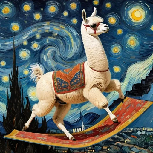 Prompt: A llama flying on a "magic carpet" in "The Starry Night" by Vincent van Gogh