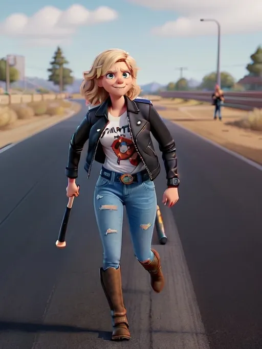 Prompt: a brave woman running down a  black asphalt road holding a baseball bat in her hand and wearing a leather jacket and t-shirt blue and jeans and cowboy boots , Dirk Crabeth, feminist art, promotional image, a character portrait