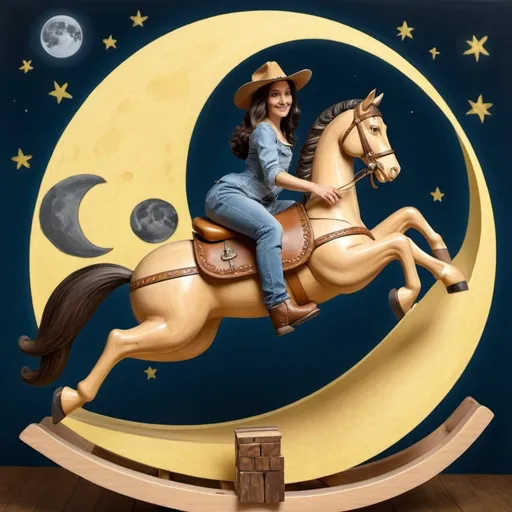 Prompt: Mona Lisa wearing cowboy hat riding a rocking horse, wood rocker, that is jumping over the Moon.