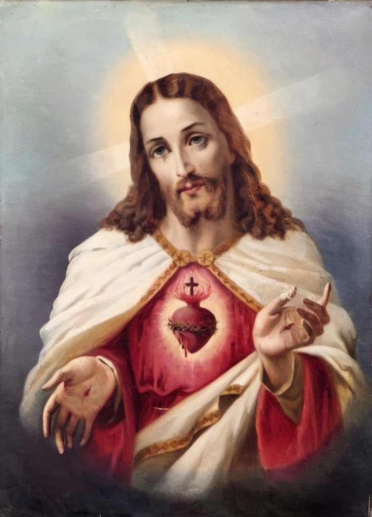 Prompt: Sacred Heart of Jesus, oil on canvas - 19th-century Portuguese school. a painting of Jesus with a halo, a flaming heart top with a cross on his chest in his hands Nail  marks.  with a light shining through it and a cross on chest, Carl Heinrich Bloch, figurativism, renaissance oil painting, an oil on canvas painting