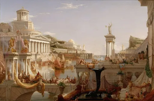 Prompt: Cole Thomas The zenith The Course of the Empire 1836. a painting of a city with a fountain and people in it and a statue in the background with a building in the background, in the style of Fitz Hugh Lane, neoclassicism, classical painting, a detailed matte painting

