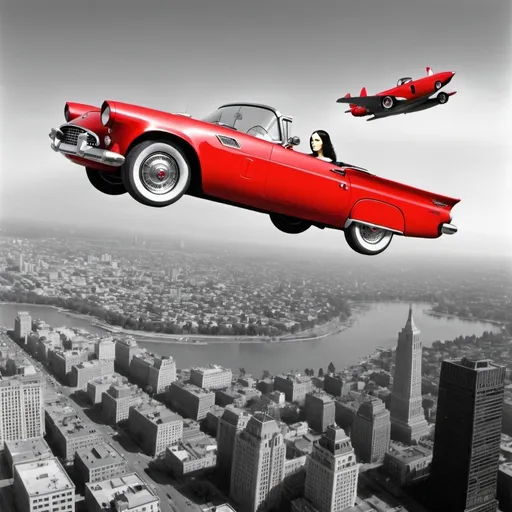 Prompt: (Mona Lisa)  in a flying red ford 1957 thunderbird flying over a city,  photo
