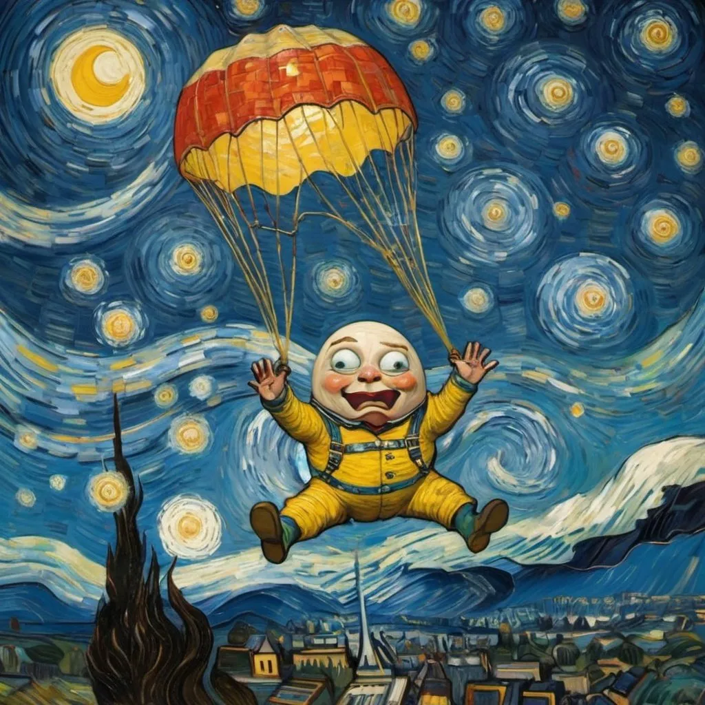 Prompt: "Humpty Dumpty" skydiving  in "The Starry Night" by Vincent van Gogh