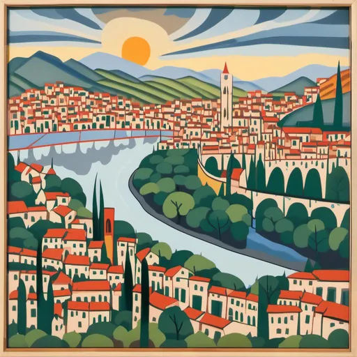 Prompt: <mymodel> a painting of a city with a river running through it and mountains in the background with a river running through it, Florence Engelbach, regionalism, detailed illustration, an ultrafine detailed painting