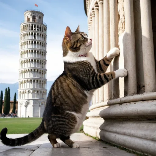 Prompt: a cat  knocking over the leaning tower of pisa