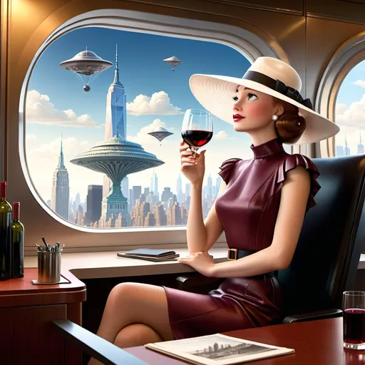 Prompt: a 21-year-old woman in a long flower print Empire Dress with a high neck line and white hat sitting at desk high rise office with a  window with a hat on her head drinking a glass of red wine,  and (( UFOs attacking New York City))  in the background with a window, Annie Leibovitz, precisionism, promotional image, an art deco painting  