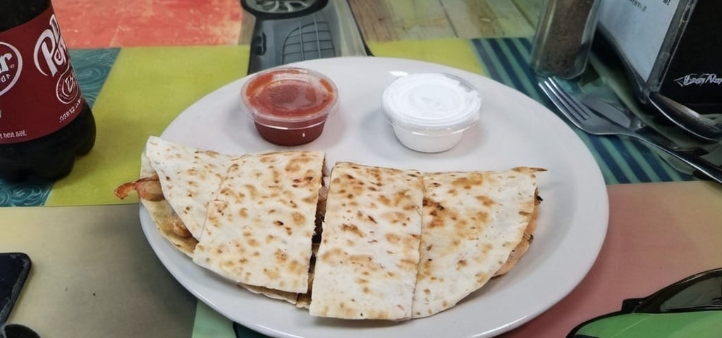 Prompt: a plate with a  shrimp quesadilla, a small containers with lid of salsa,  a small containers with lid of sure cream, and  bottle of soda on the table, Steven M. Tilley, superflat, product photo, a pastel