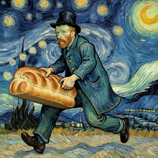 Prompt: "grinder bread man" running in late for a college class in "The Starry Night" by  Vincent van Gogh