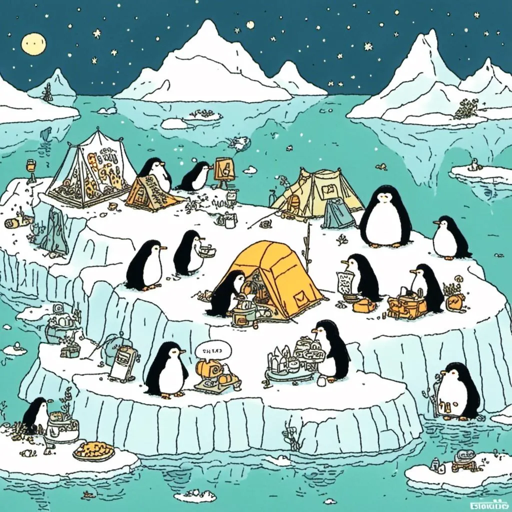 Prompt: <mymodel> Penguins camping on iceberg 