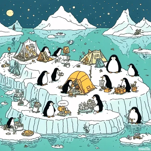 Prompt: <mymodel> Penguins camping on iceberg 