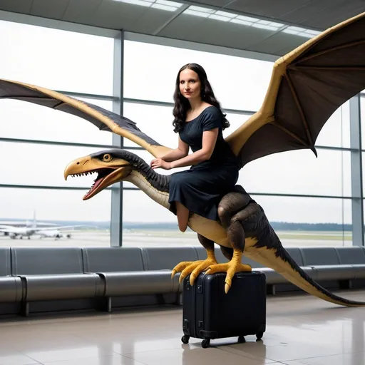 Prompt: Mona Lisa  riding a pterodactyl in  an airport