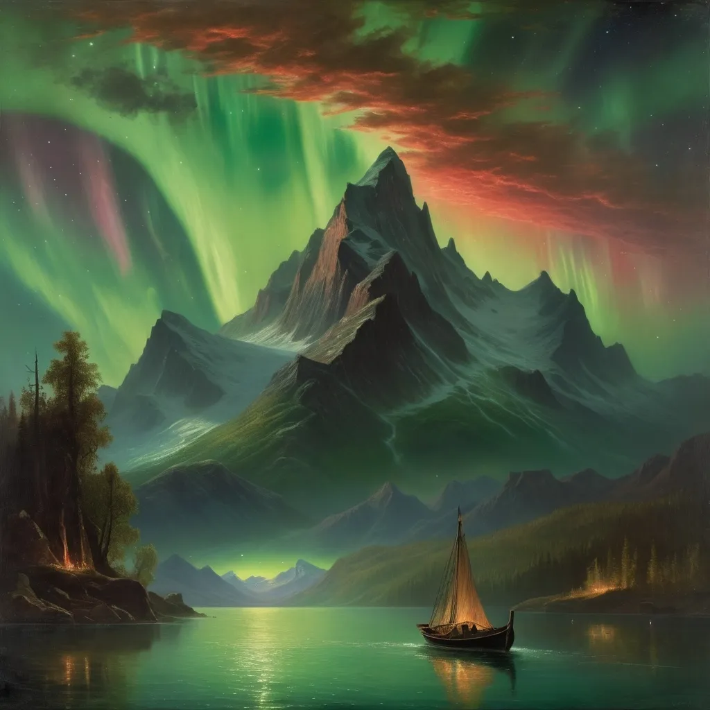 Prompt: a painting of a boat in a body of water under a sky filled with aurora lights and a mountain, Albert Bierstadt, space art, apocalypse, a painting