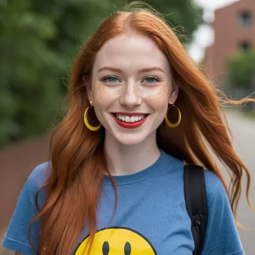Prompt: a half-length portrait,  
27 year-old woman, 
walking,
cover with dark freckle, 
green eyes, 
long ginger hair, 
red lipstick, 
a smile on her face, 
(smiley-face- gold-earrings),  
smiley-face t-shirt, 
long blue jean, 
red and blue tennis shoes,  
photo 