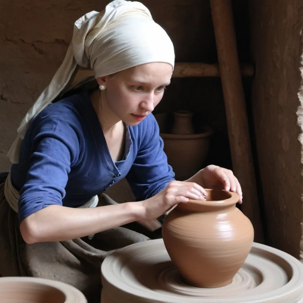 Prompt: "the girl with the pearl earring"   making pottery on pottery wheel