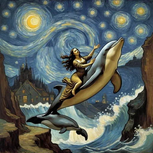 Prompt: Mona Lisa riding a   dolphin that is jumping over a canyon in "The Starry Night" by Vincent van Gogh