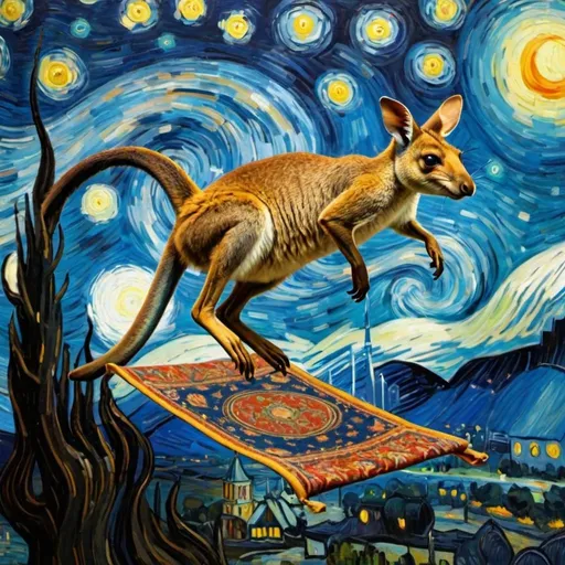 Prompt: A wallaby flying on a "magic carpet" in "The Starry Night" by Vincent van Gogh