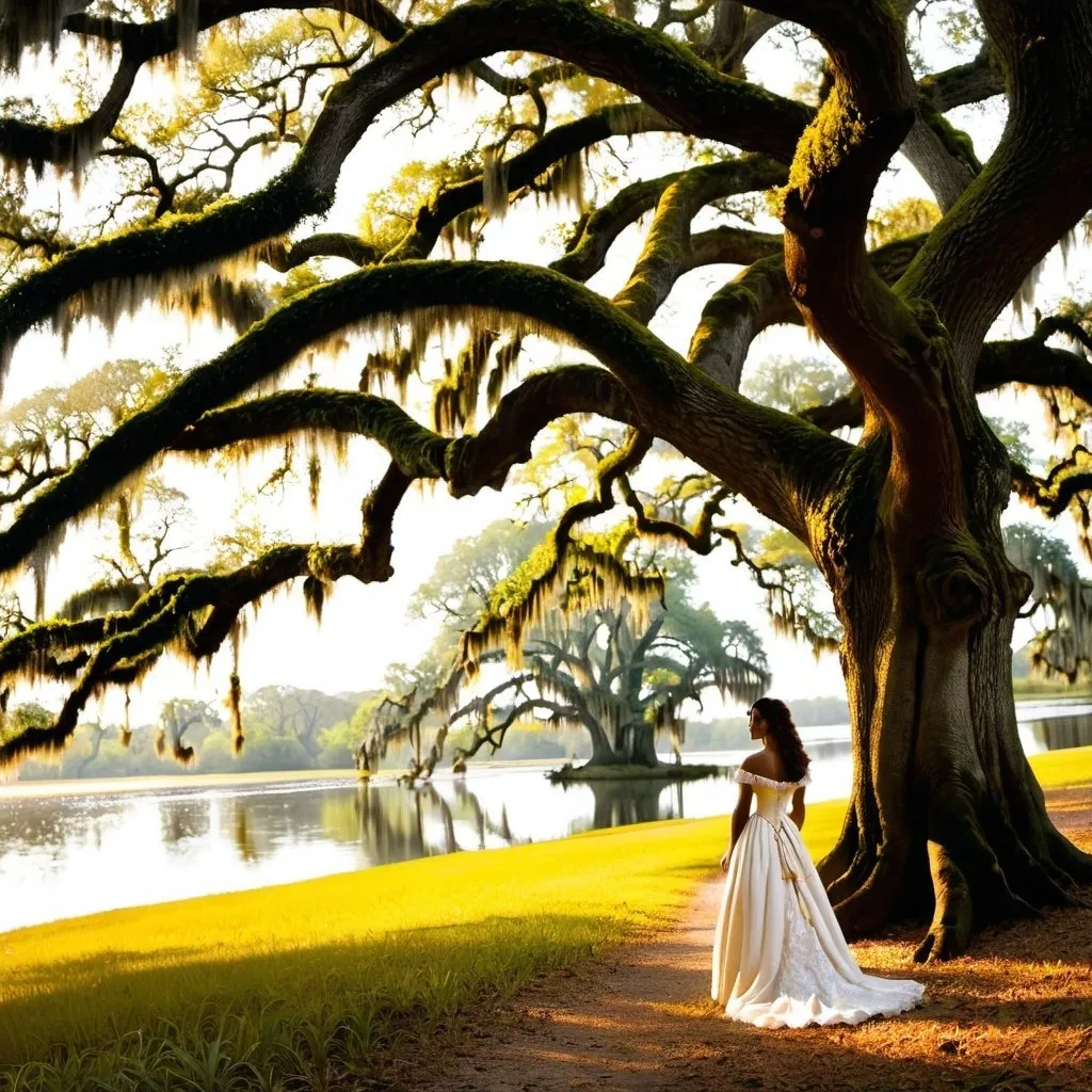 Prompt: Evangeline standing under an oak tree Spanish moss  by a Bayou waiting for her lost love Gabriel 18th century